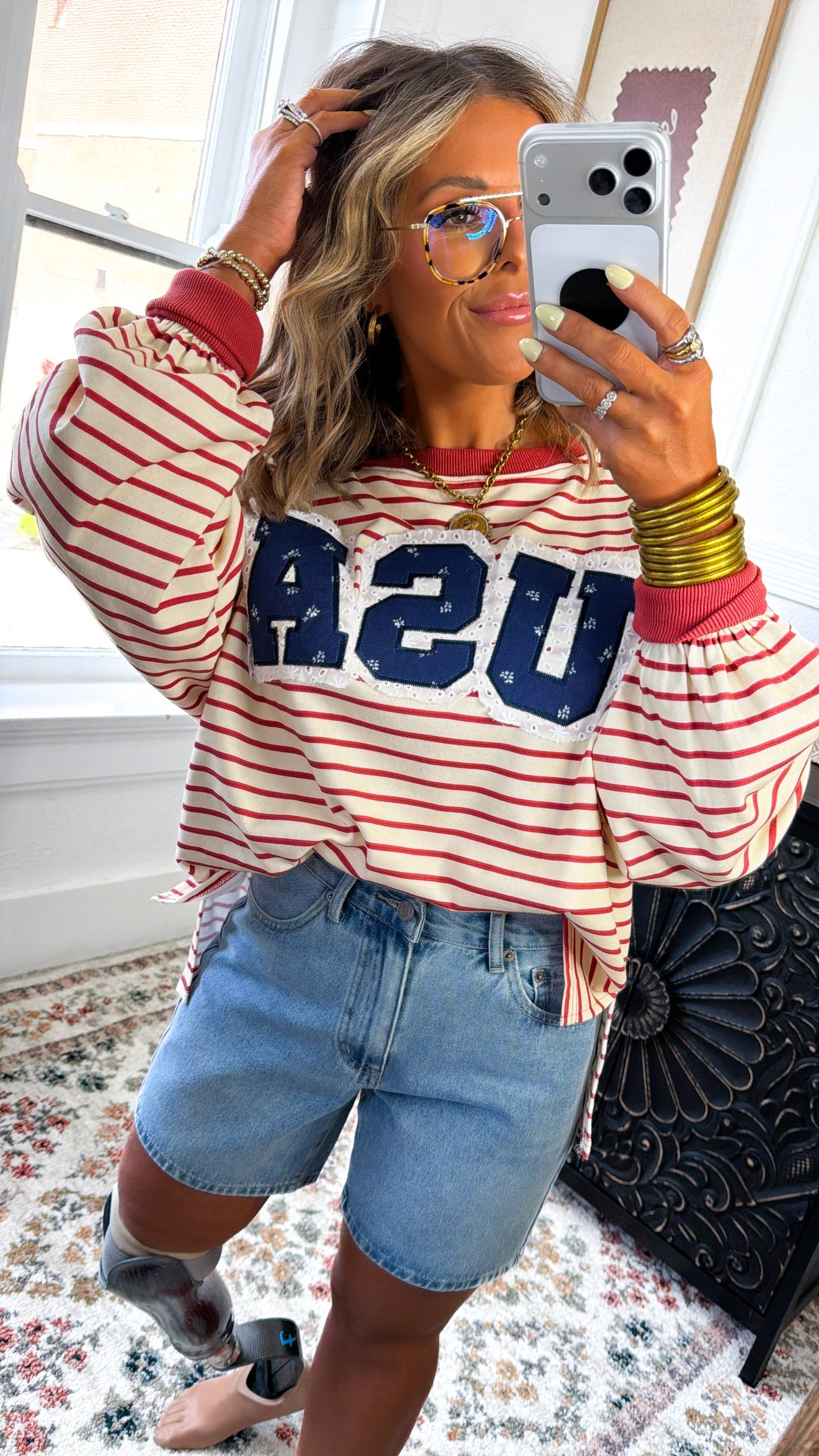 Striped USA Sweatshirt, Red/Cream