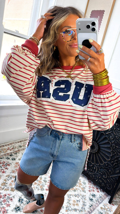Striped USA Sweatshirt, Red/Cream