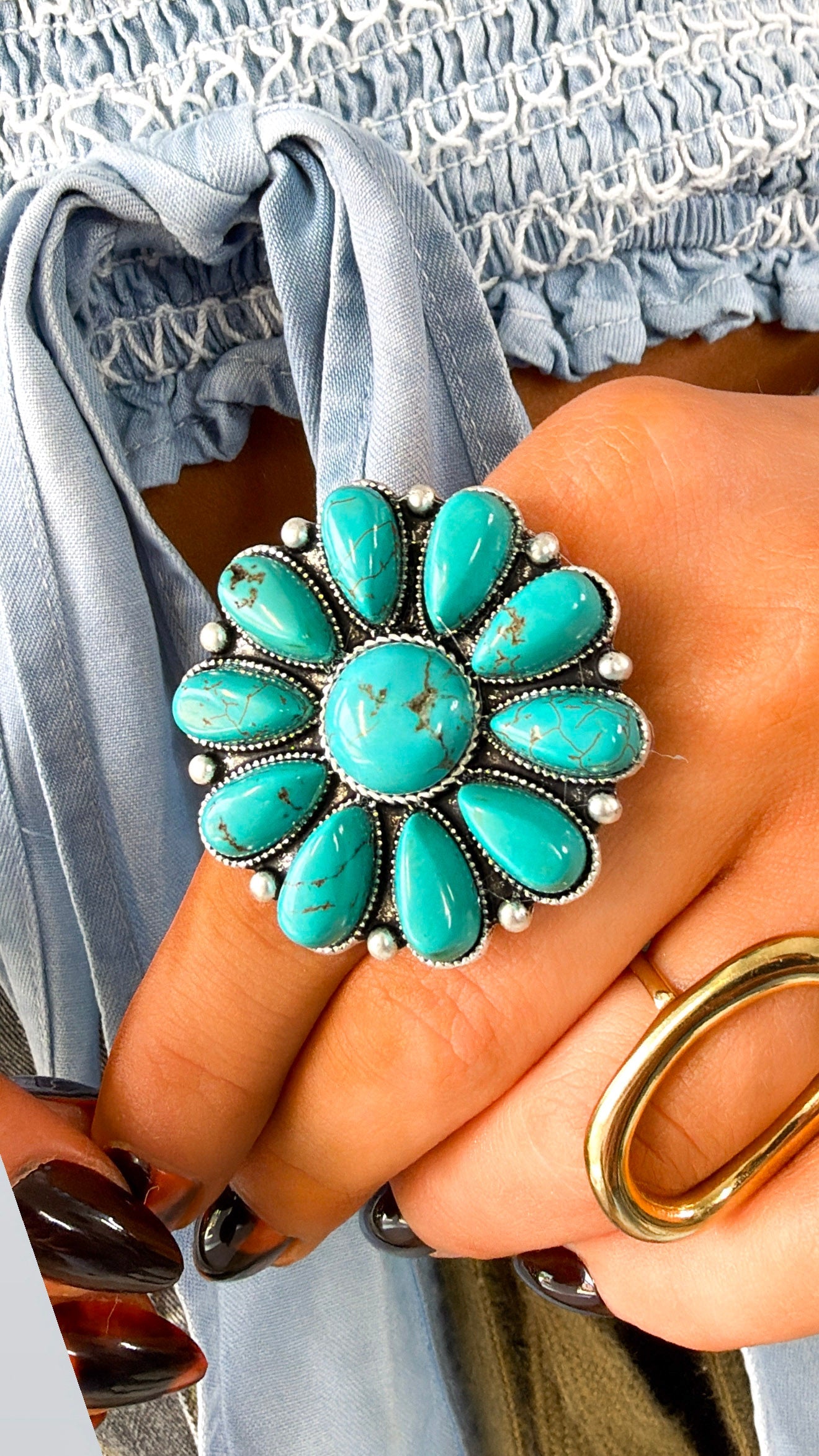 Round Adjustable Western Ring, Turquoise