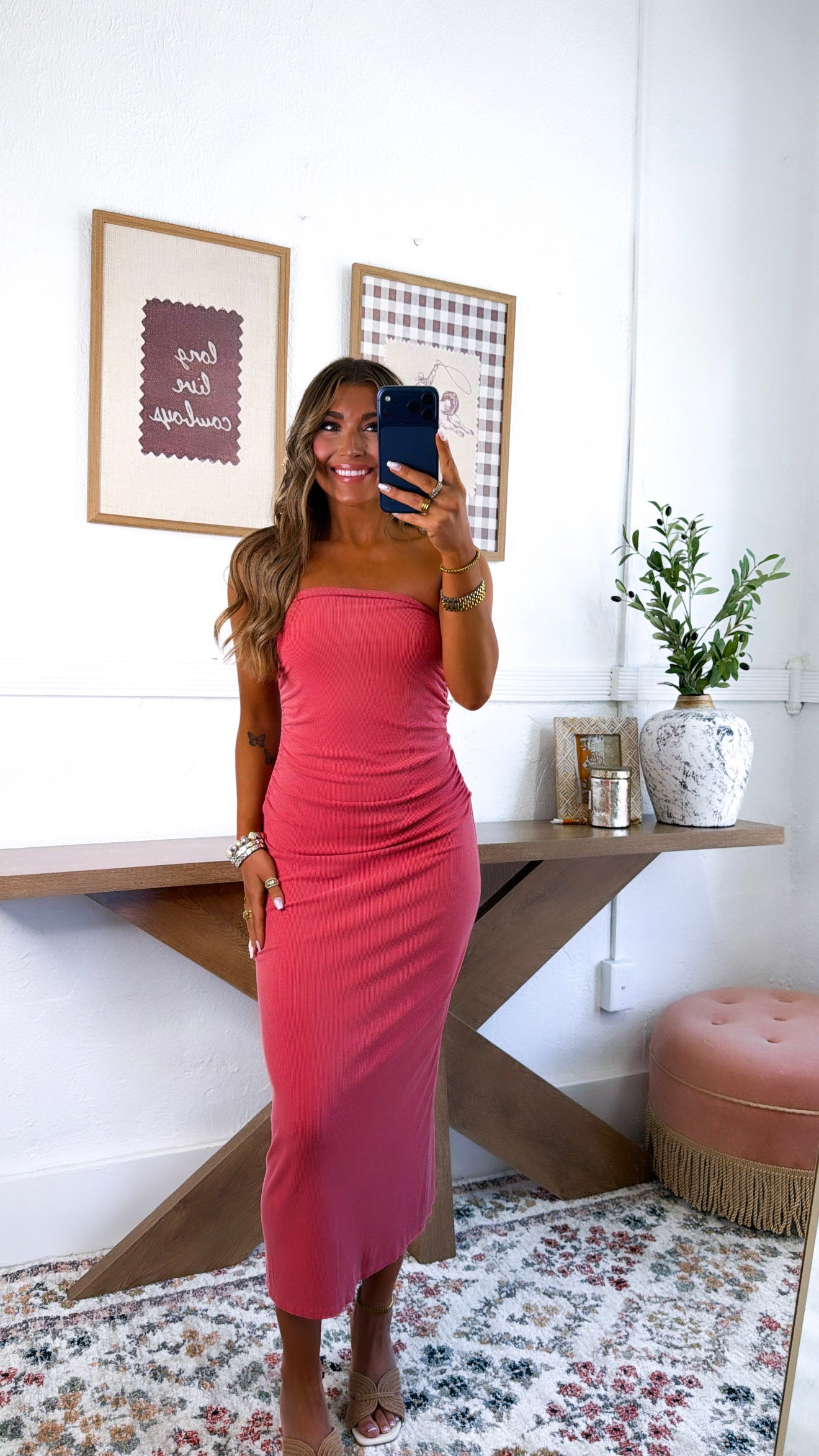 Strapless Form Fitted Midi Dress, Lava