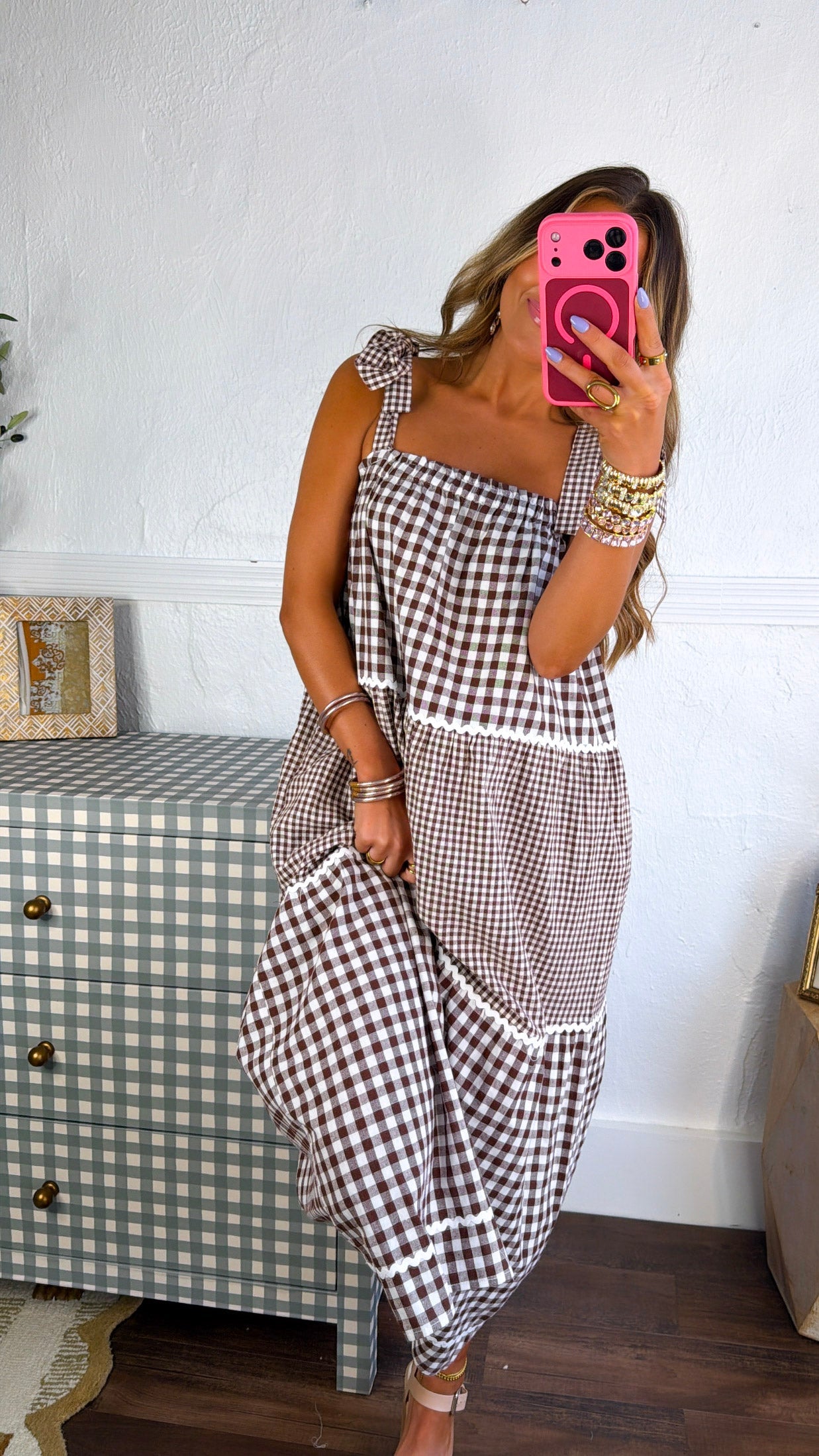 Vanilla Cold Brew Gingham Dress, Choco/ Cream