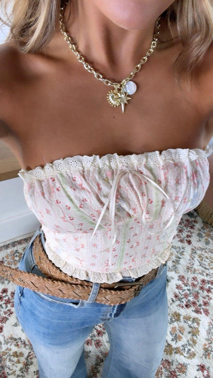 Tulip Fields Ruffle Tube Top, Pink Multi