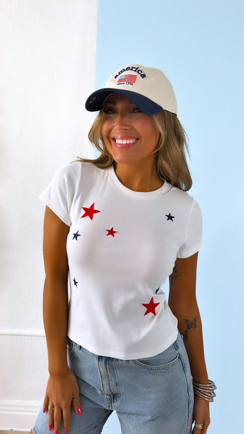 Sprinkled Star Embroidered Baby Tee, White