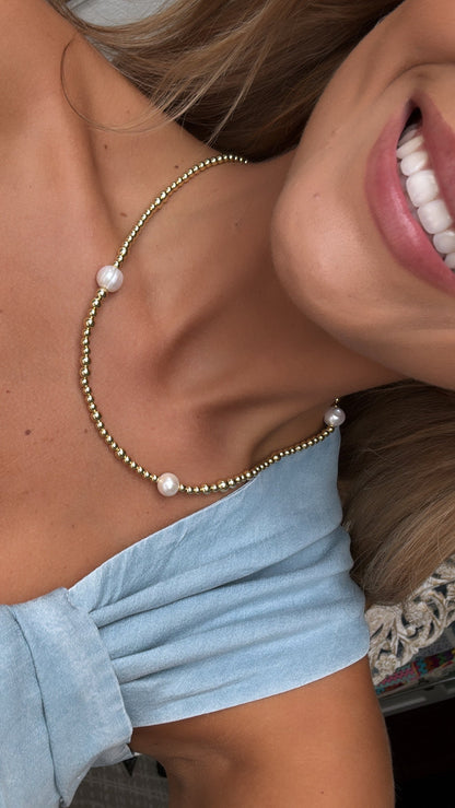 Treasure Jewels: Gold Beaded Necklace w/3 Pearls