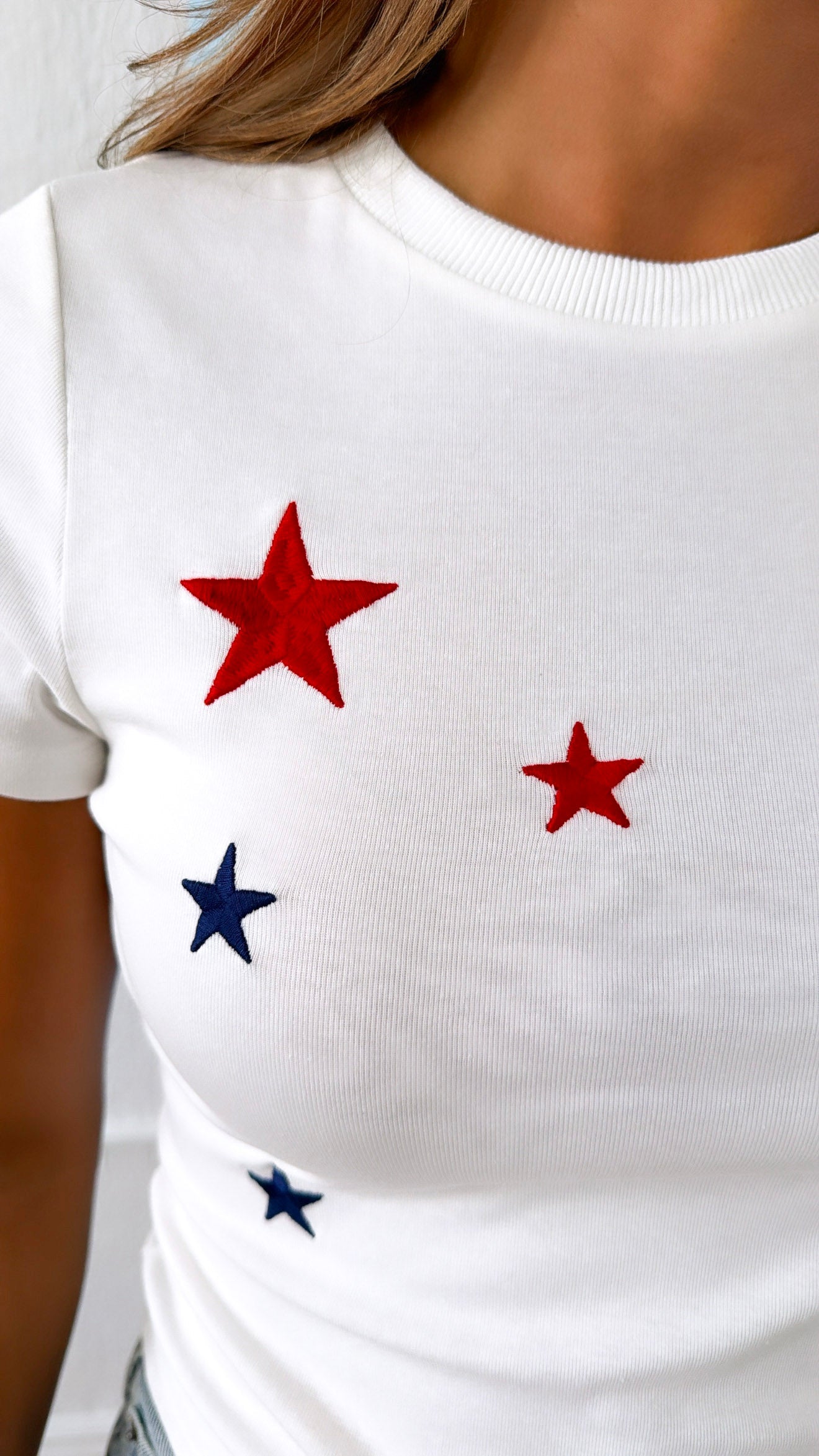 Sprinkled Star Embroidered Baby Tee, White