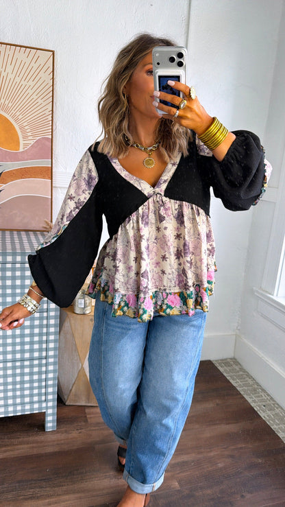 Studio Floral V-Neck Top, Black Multi