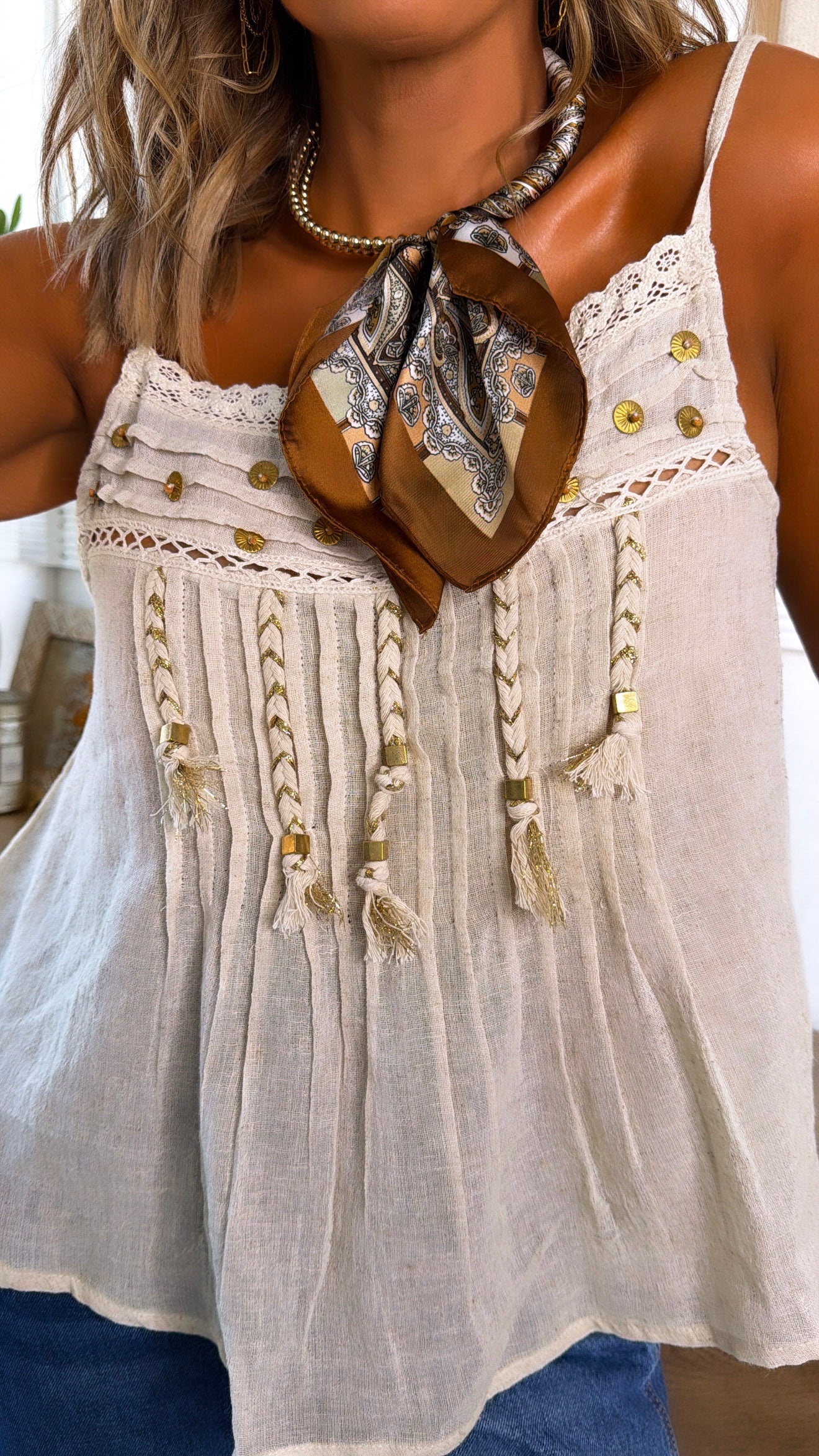 Sand Hill Beaded Tank Top, Natural