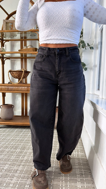 Urban Edge Barrel Jeans, Black Denim