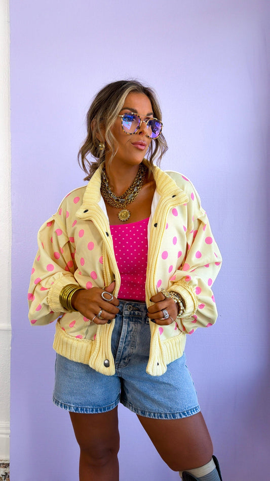 Vintage Polka Ribbed Cardigan, Lemon