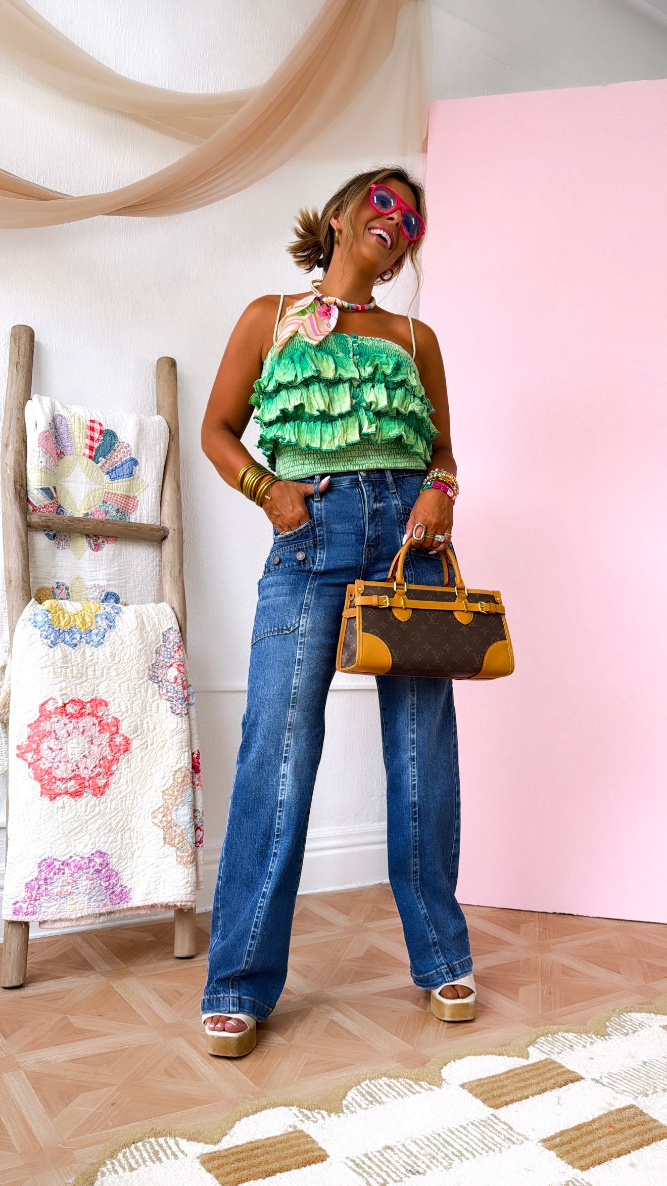 Washed Smocked Ruffle Tank, Apple Green
