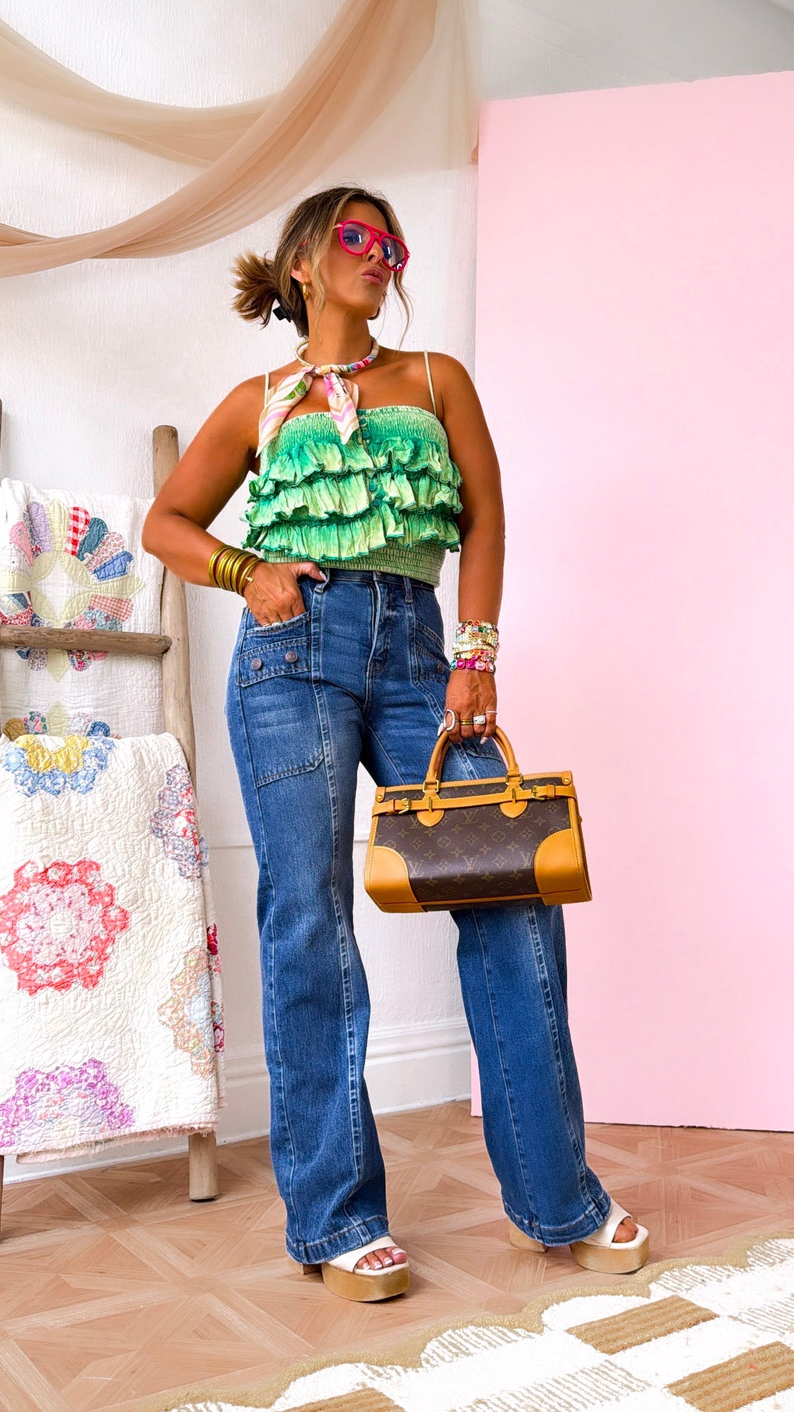 Washed Smocked Ruffle Tank, Apple Green