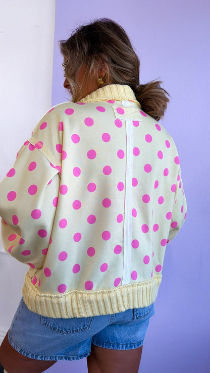 Vintage Polka Ribbed Cardigan, Lemon