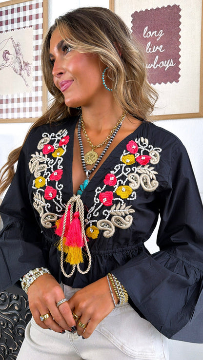 Sunspill Embroidered Top, Black