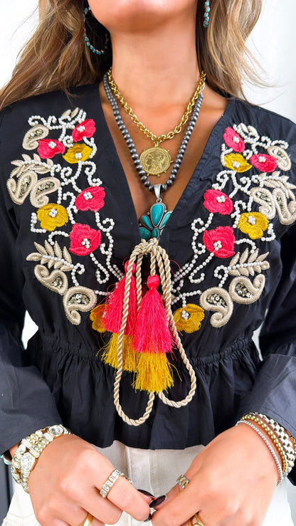 Sunspill Embroidered Top, Black