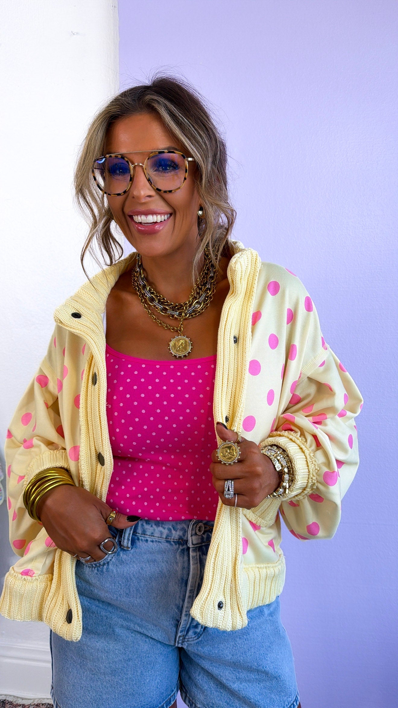 Vintage Polka Ribbed Cardigan, Lemon