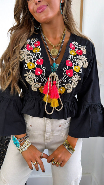 Sunspill Embroidered Top, Black