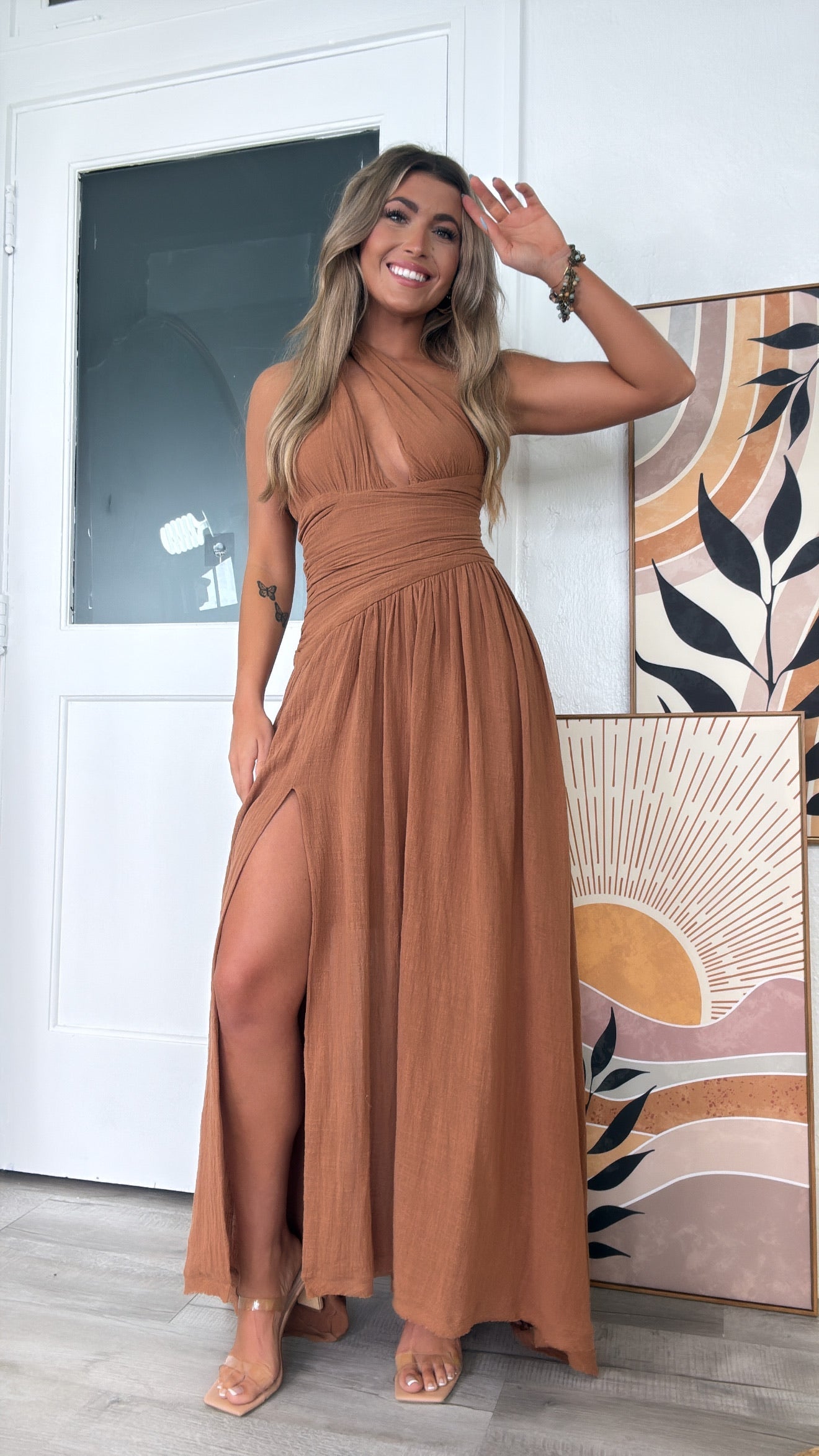 Wildflower Toga One Shoulder Dress, Toffee