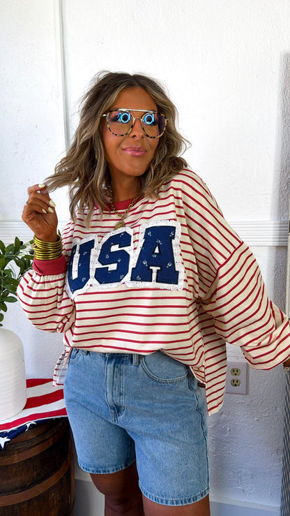 Striped USA Sweatshirt, Red/Cream