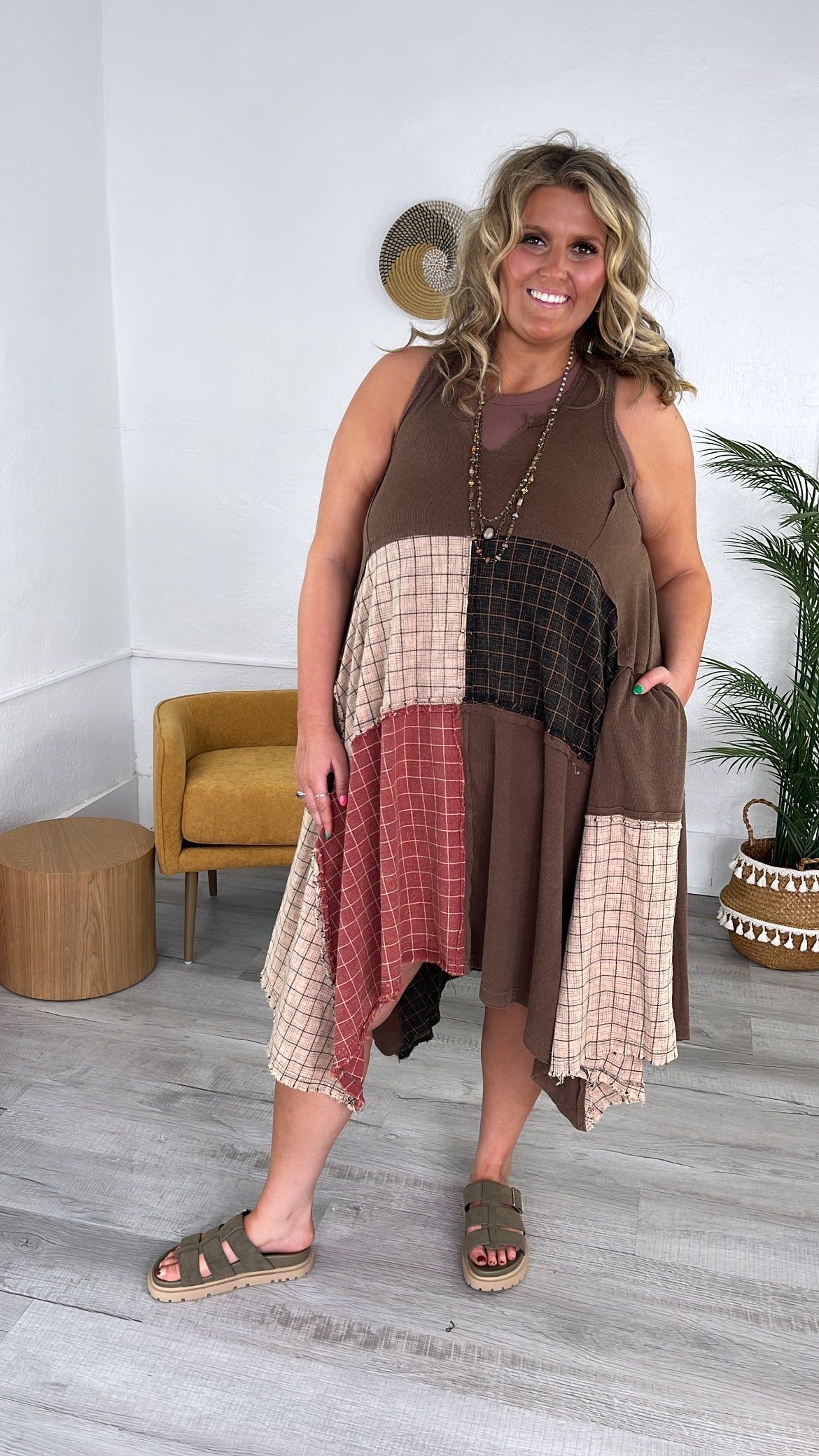Rustic Patchwork A Symmetrical Dress, Mocha Brown