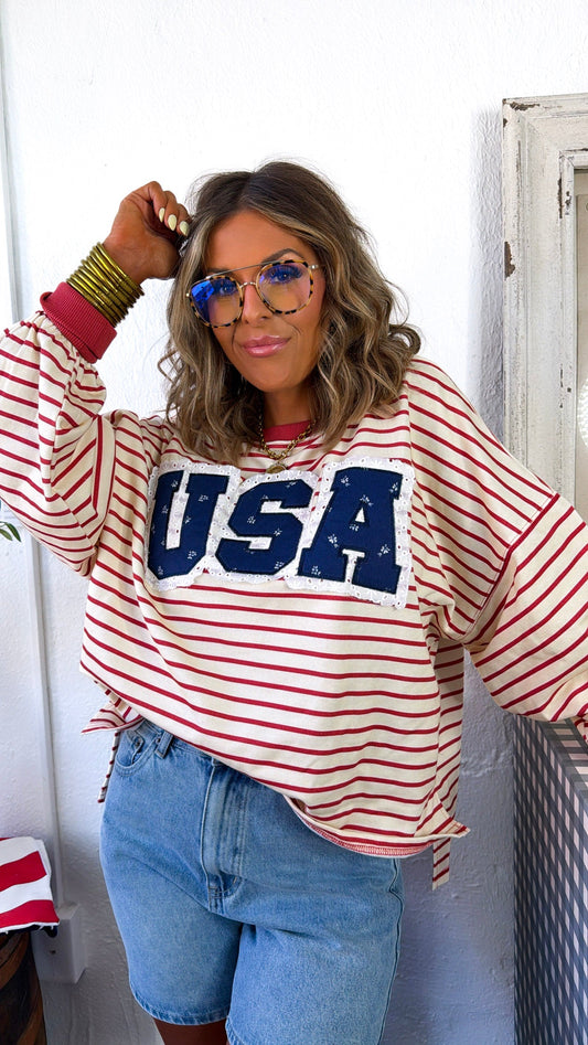 Striped USA Sweatshirt, Red/Cream