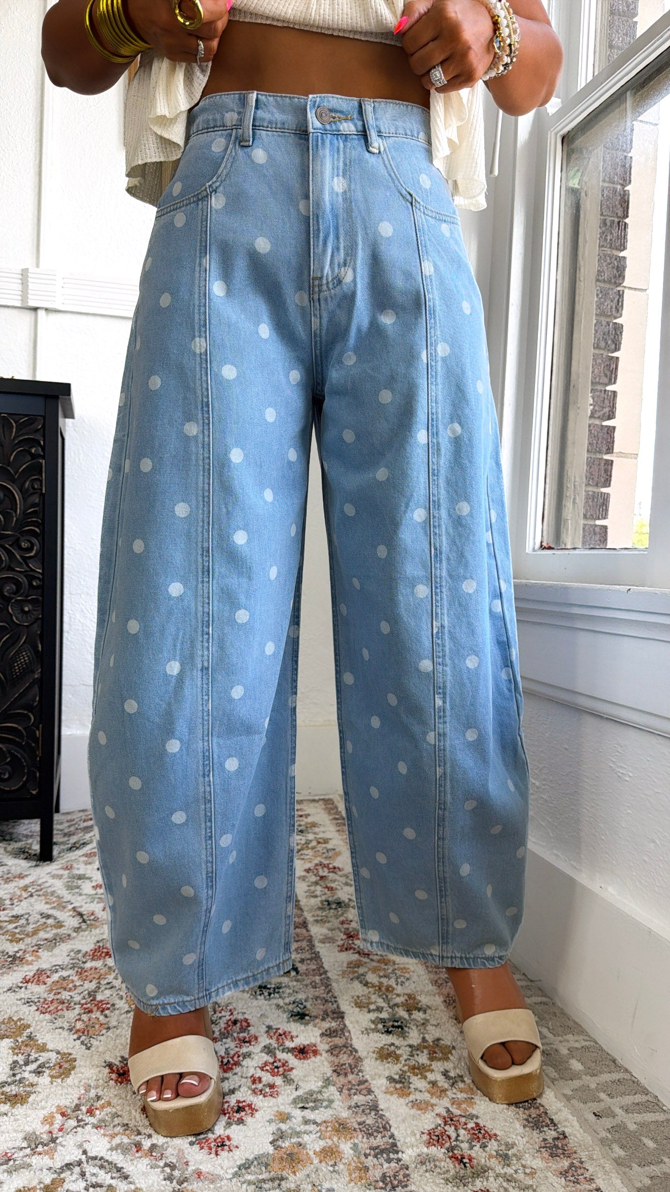 Washed Polka Dot Barrel Jeans, Lt. Denim