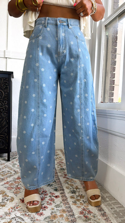Washed Polka Dot Barrel Jeans, Lt. Denim
