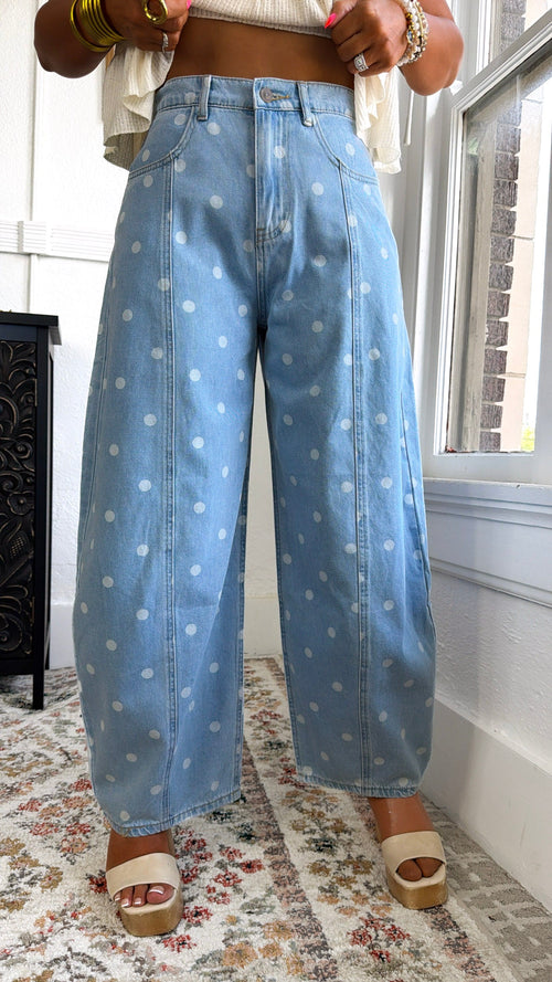 Washed Polka Dot Barrel Jeans, Lt. Denim