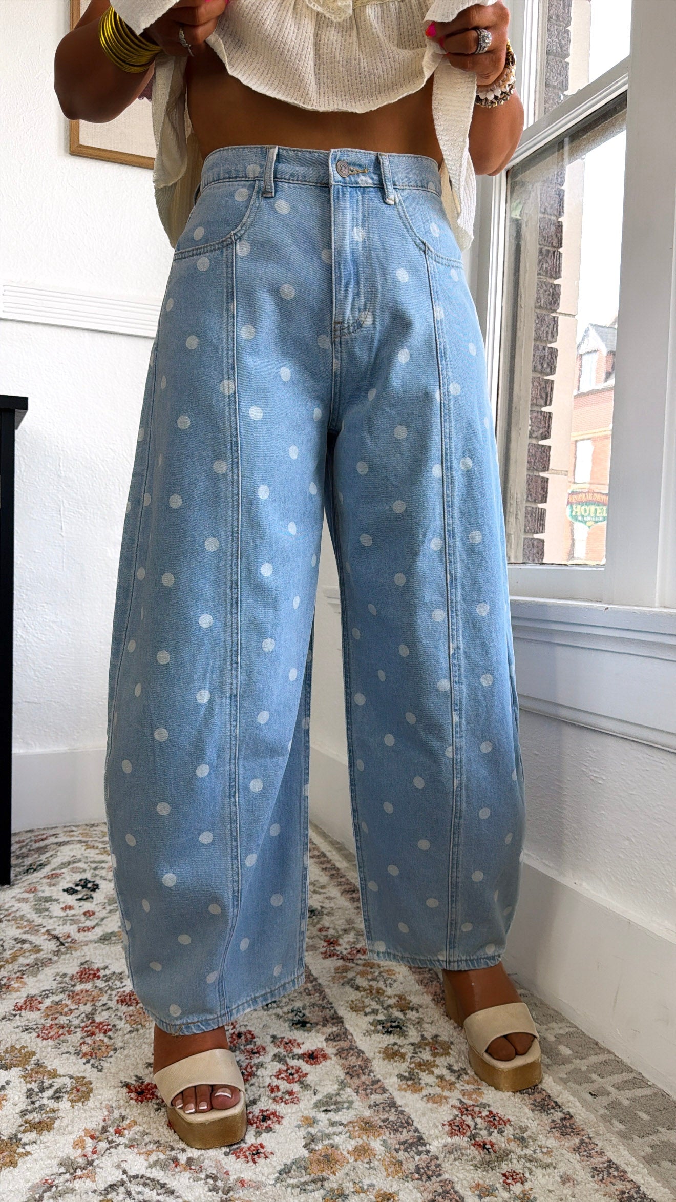 Washed Polka Dot Barrel Jeans, Lt. Denim