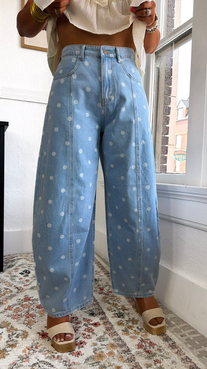 Washed Polka Dot Barrel Jeans, Lt. Denim