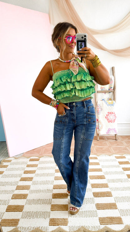 Washed Smocked Ruffle Tank, Apple Green