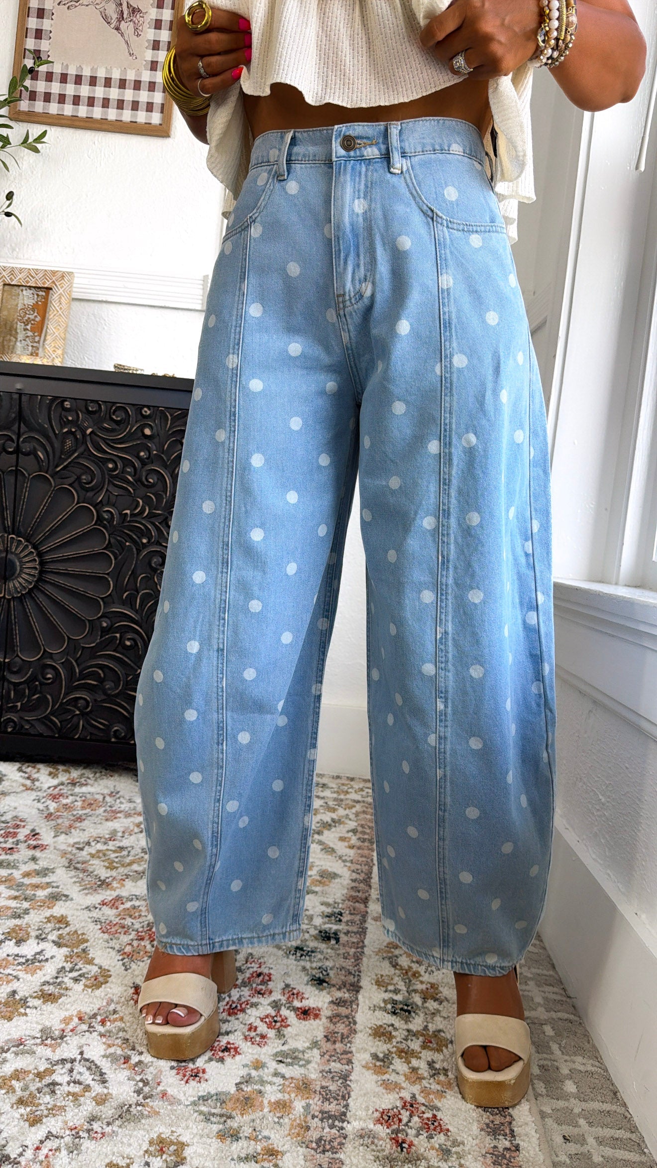 Washed Polka Dot Barrel Jeans, Lt. Denim