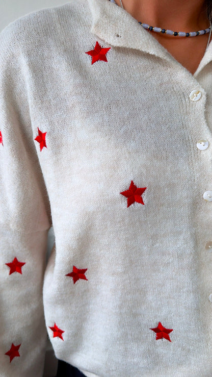 Star Shot Knit Cardigan, Red/Cream