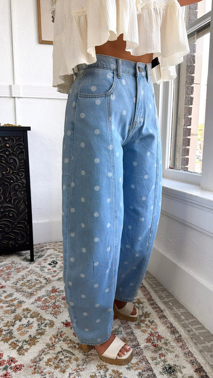 Washed Polka Dot Barrel Jeans, Lt. Denim