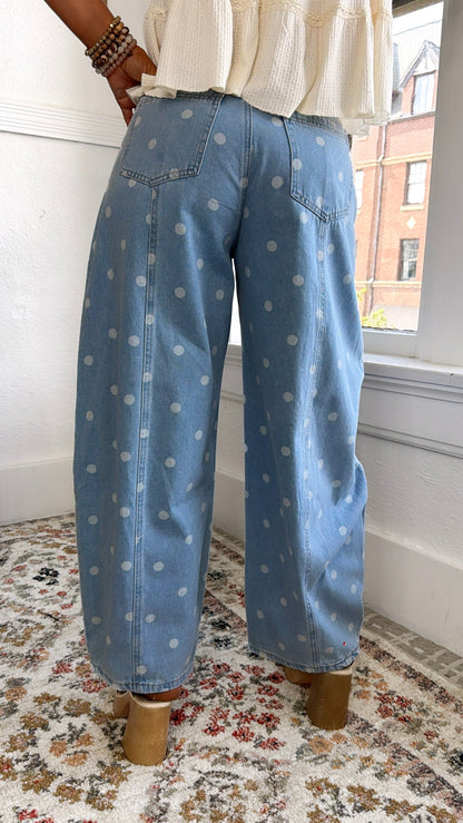 Washed Polka Dot Barrel Jeans, Lt. Denim