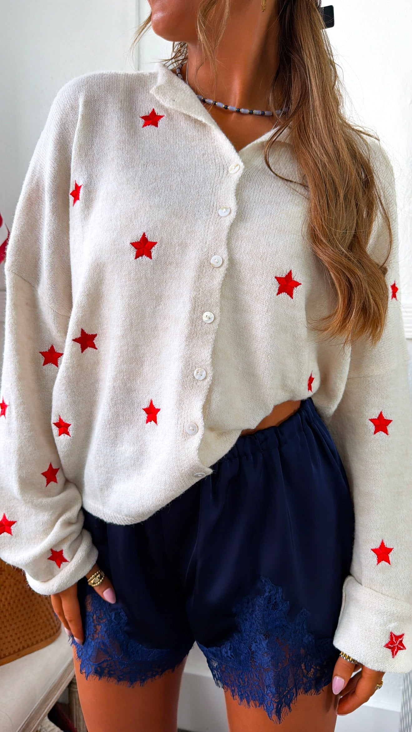 Star Shot Knit Cardigan, Red/Cream