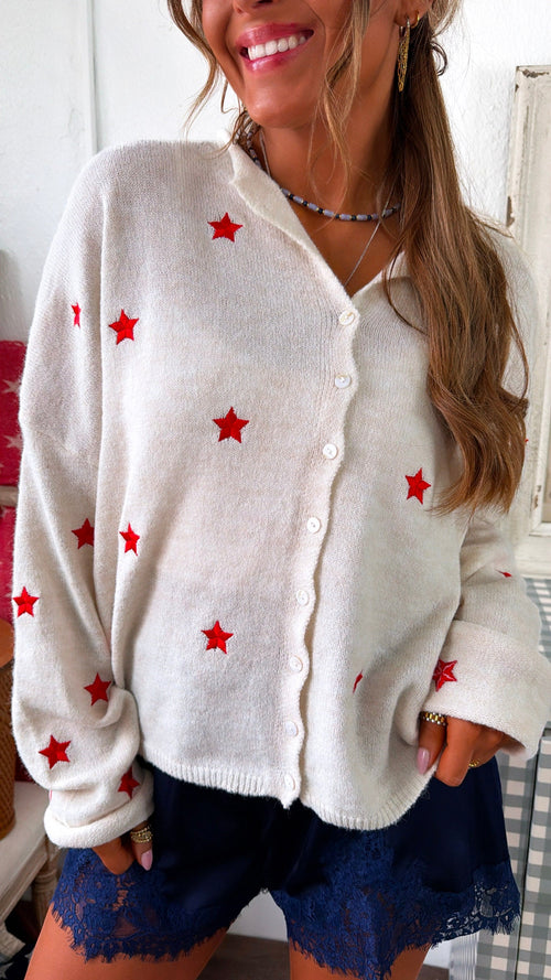 Star Shot Knit Cardigan, Red/Cream