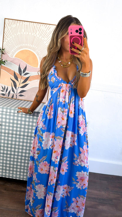 Sanibel Floral Halter Neck Dress, Retro Blue