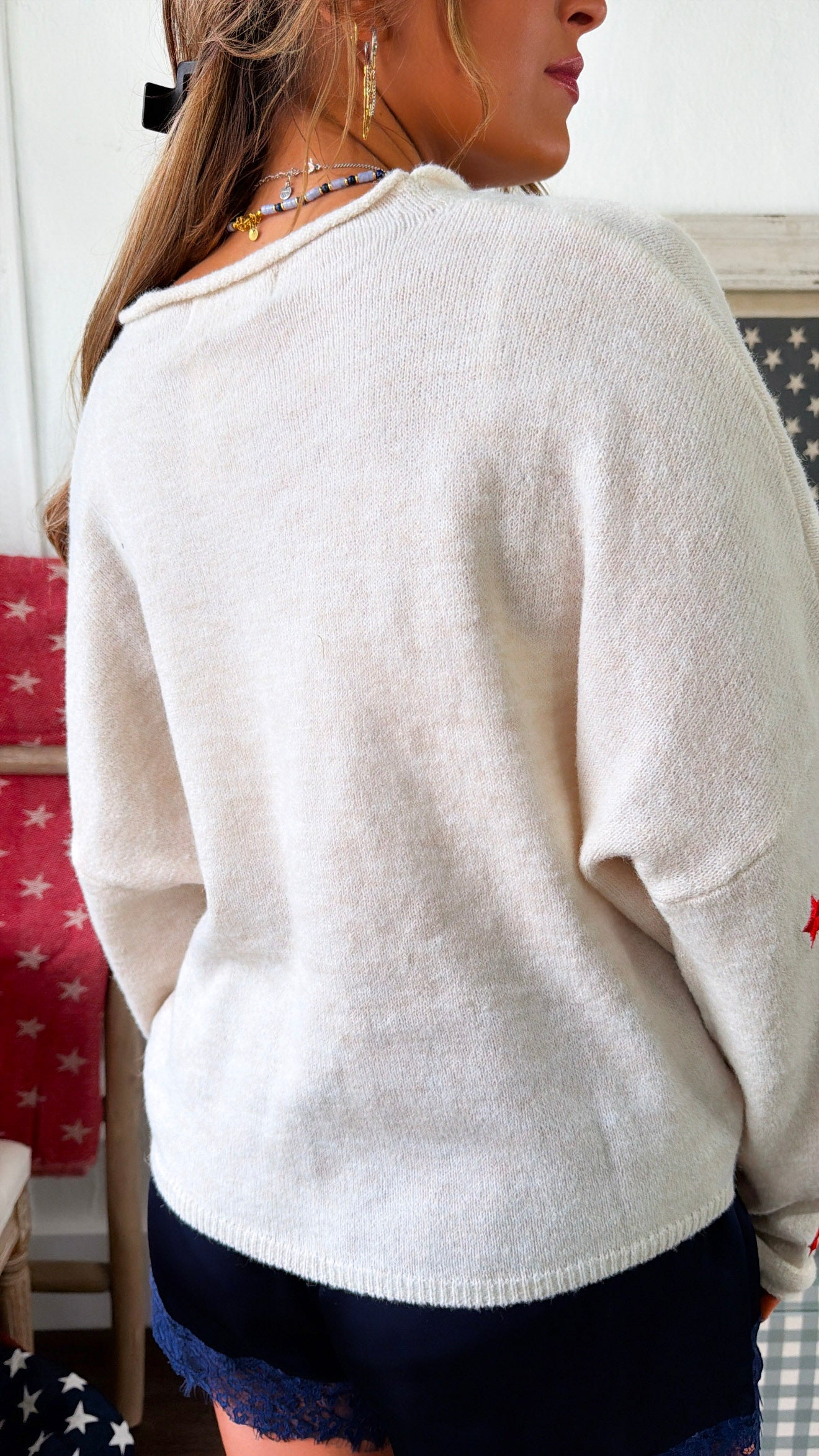 Star Shot Knit Cardigan, Red/Cream