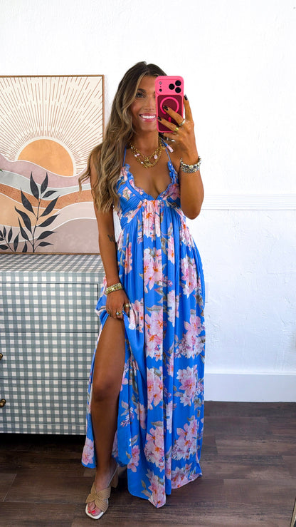 Sanibel Floral Halter Neck Dress, Retro Blue