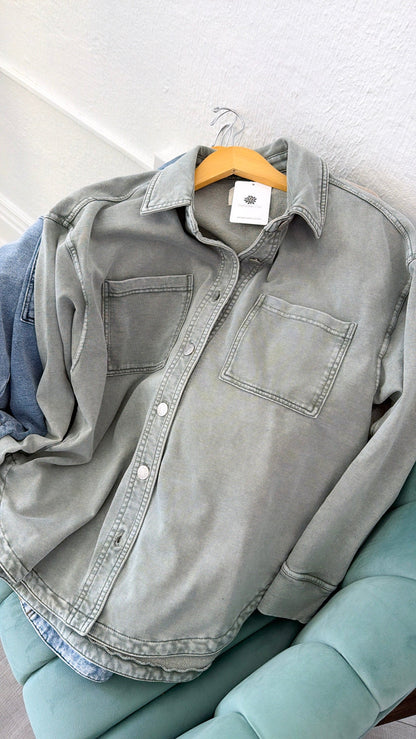 Washed Oversized Shacket, Sage