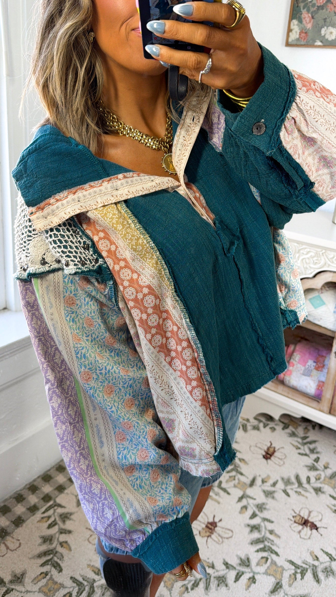 Tulip Skies Button Up Blouse, Teal Green