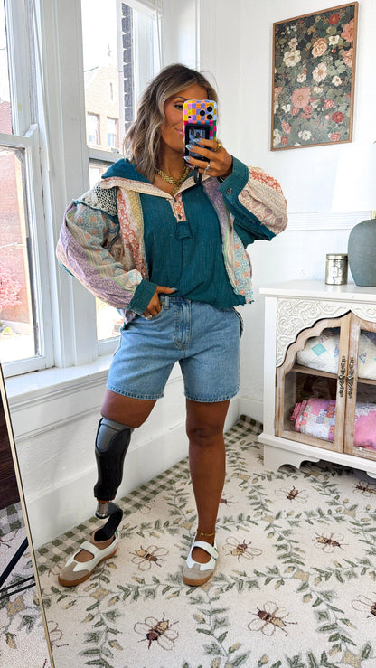 Tulip Skies Button Up Blouse, Teal Green