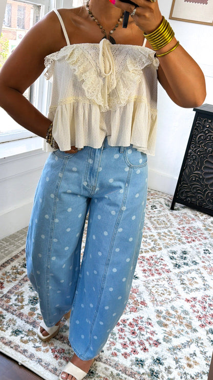Washed Polka Dot Barrel Jeans, Lt. Denim