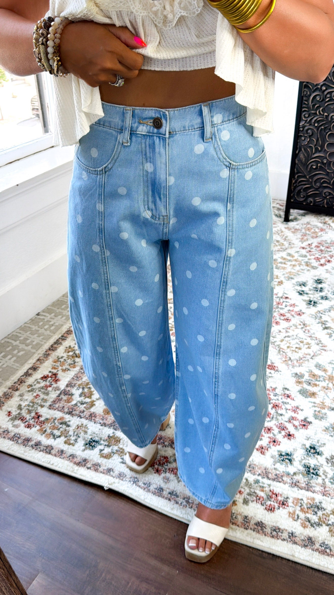 Washed Polka Dot Barrel Jeans, Lt. Denim