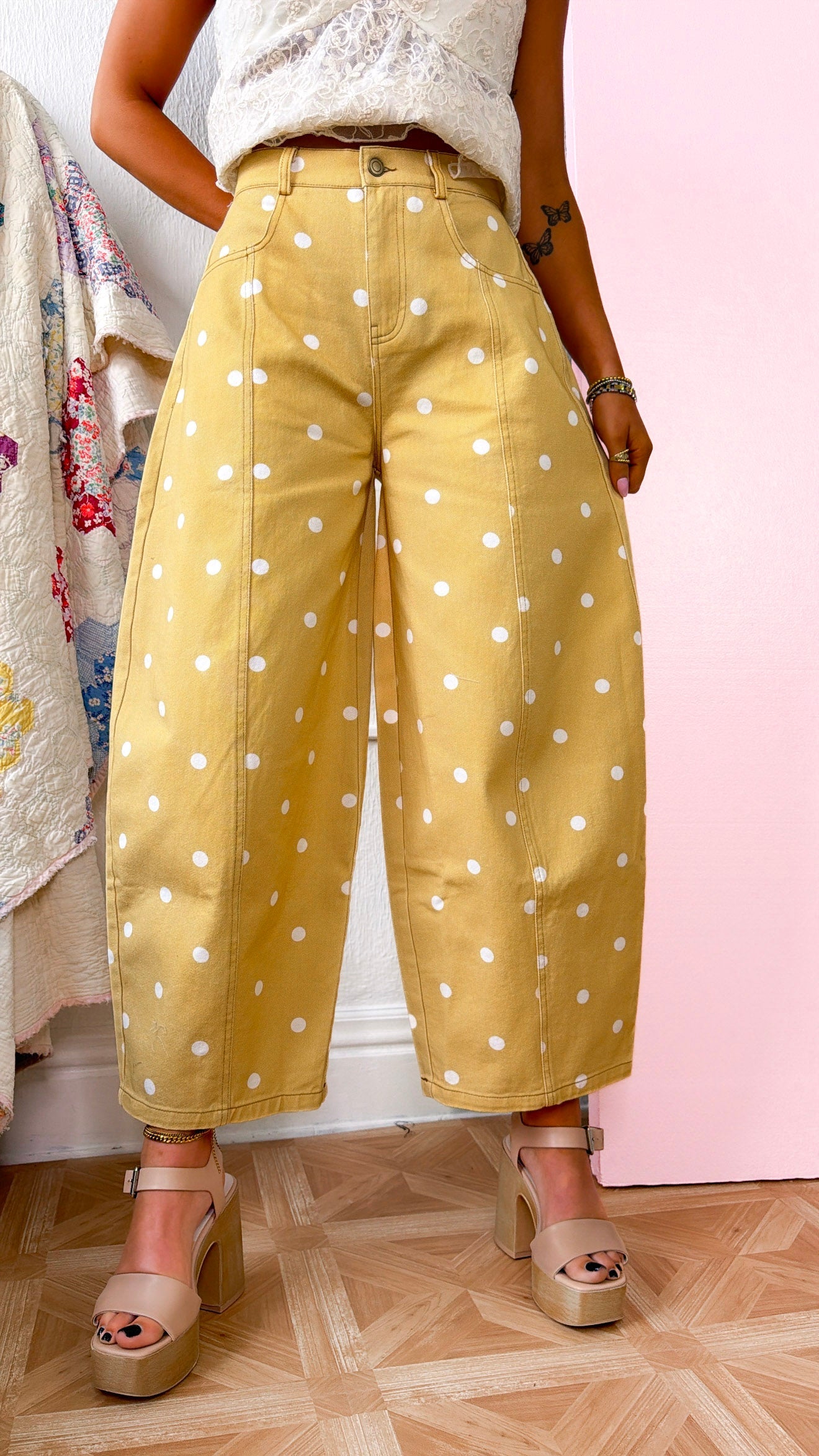 Sweet Pea Polka Dot Barrel Pants, Yellow
