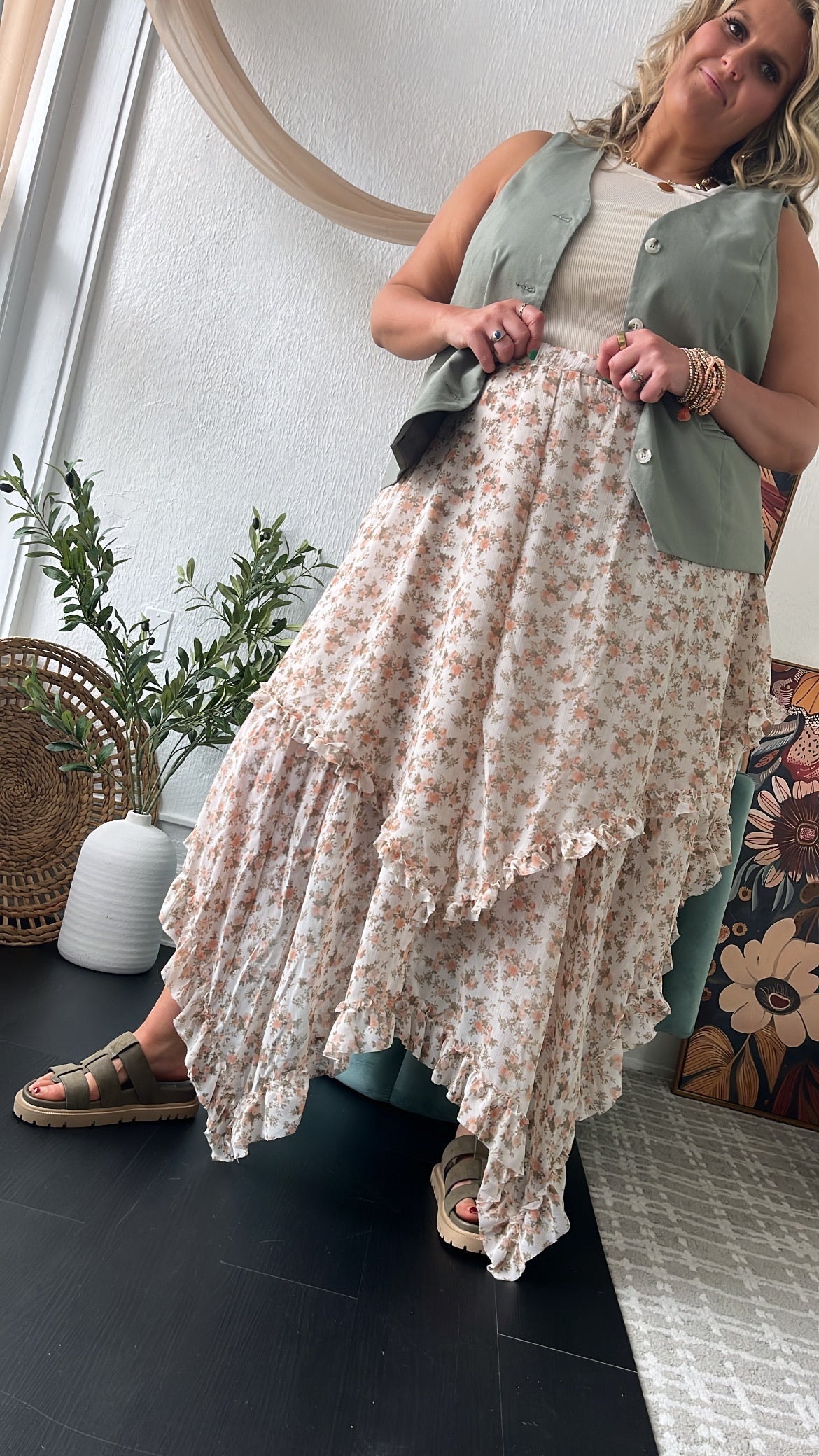 Sweet Melody Floral Print Midi Skirt, Cream