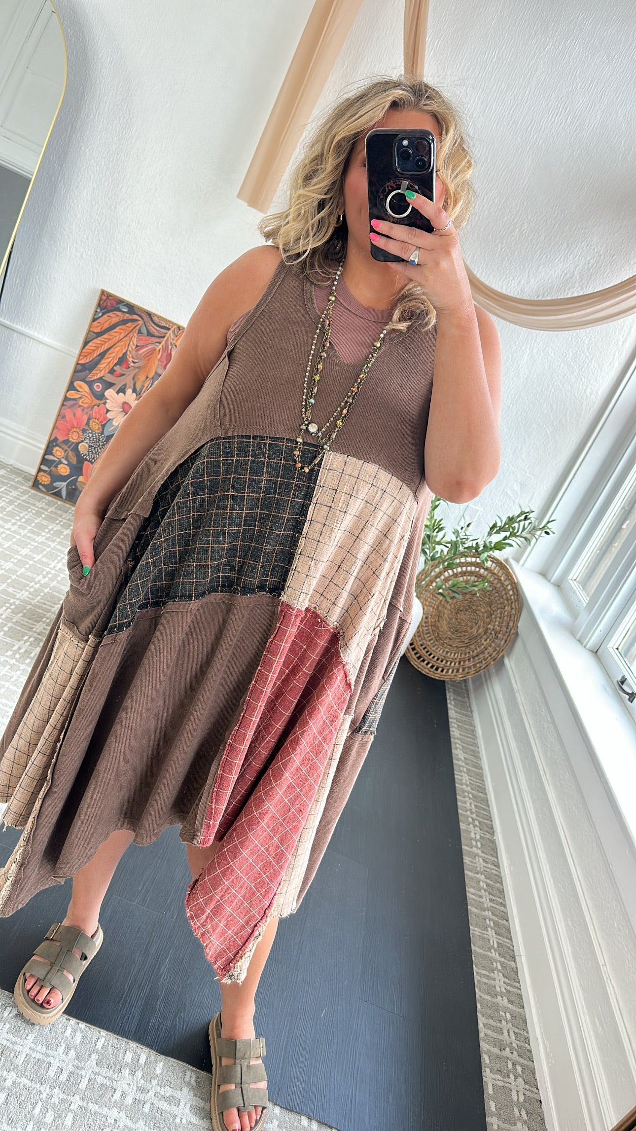 Rustic Patchwork A Symmetrical Dress, Mocha Brown
