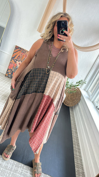 Rustic Patchwork A Symmetrical Dress, Mocha Brown