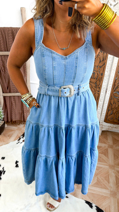 Saddle Up Buckle Dress, Denim