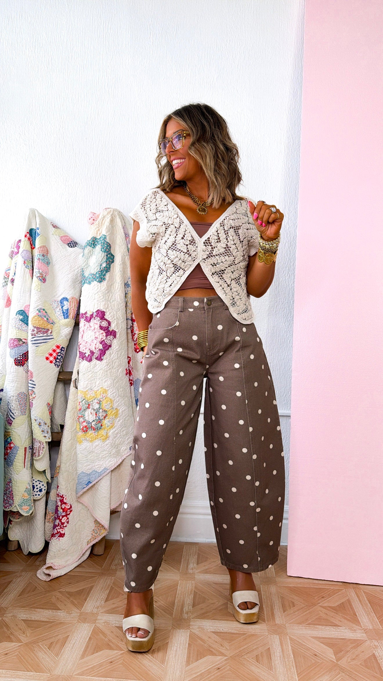 Sweet Pea Polka Dot Barrel Pants, Brown